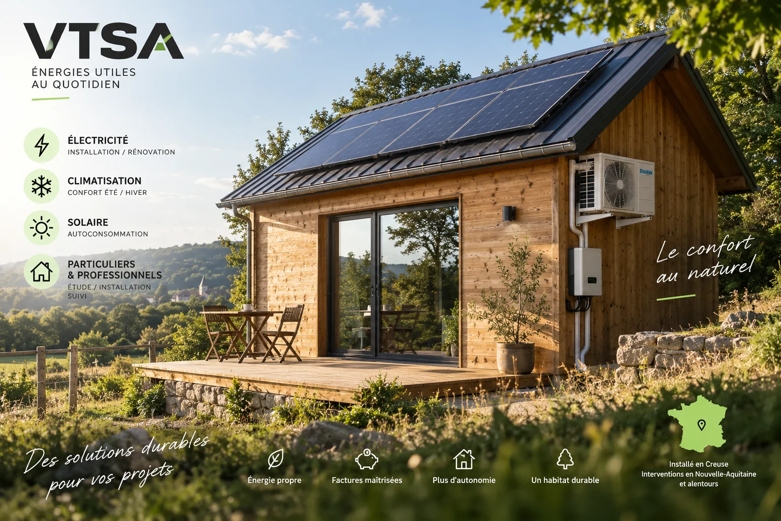 Visuel d’illustration VTSA : maison avec panneaux solaires et unité de climatisation, présentant les domaines électricité, climatisation et solaire